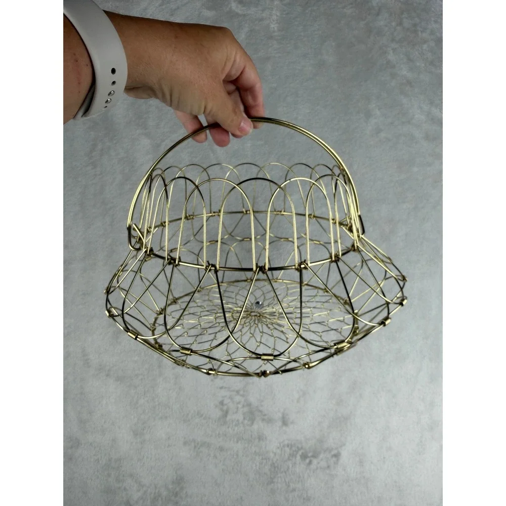 Egg Basket Vintage Gold Collapsible Wire flower Fruit Bowl Mid Century Modern